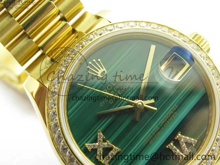 MiroTime 0408 Versatile Daydate 278288 31mm YG EWF Best Edition Green Malachite Dial Crystal Markers on YG President Bracelet ETA 2606